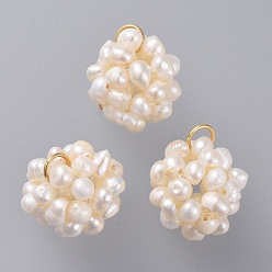 Old Lace Natural Cultured Freshwater Pearl Pendants, Grade A, with 304 Stainless Steel Open Jump Rings, Round, Golden, Old Lace, 17~18x13~14mm, Hole: 3.5mm