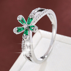 Silver Brass Micro Pave Cubic Zirconia Finger Rings for Women, Flower, Silver, US Size 7(17.3mm)