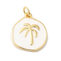 Tree Rack Plating Brass Enamel Pendants, Long-Lasting Plated, Cadmium Free & Lead Free, Real 18K Gold Plated, Flat Round Charm, Coconut Tree, 18x15.5x2mm, Hole: 3.4mm