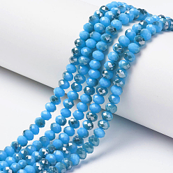 Deep Sky Blue Electroplate Opaque Glass Beads Strands, Half Gray Plated, Faceted, Rondelle, Deep Sky Blue, 8x6mm, Hole: 1mm, about 65~68pcs/strand, 15.7~16.1 inch(40~41cm)