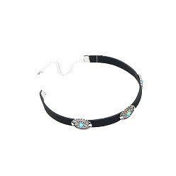Black Bohemia Style Velve Choker Necklasces, Flower Alloy Turquoise Cord Necklaces for Women, Black, 11.02 inch(28cm)
