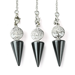 Гематит Немагнитный синтетический гематитовый конус, биолокационный маятник, большие подвески, с древом жизни, покрытие стойки, фурнитура из латуни с платиновым покрытием, без кадмия и без свинца, 220~240 мм, отверстие : 1.5~2 мм