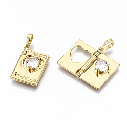 Real 16K Gold Plated Brass Micro Pave Clear Cubic Zirconia Pendants for Teachers' Day, Nickel Free, Book, Real 16K Gold Plated, 20x13x4mm, Hole: 3.5x6mm