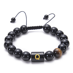 Q Natural Black Agate Beaded Bracelet Adjustable Women's Handmade Alphabet Stone Strand Jewelry
