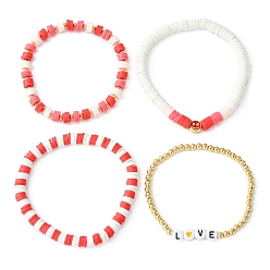 Red 4Pcs 4 Style Polymer Clay Heishi Surfer Stretch Bracelets Set, Smiling Face & Word Love Brass Adjutable Bracelets for Valentine's Day, Red, Inner Diameter: 2-1/8~2-1/4 inch(5.4~5.8cm), 1Pc/style