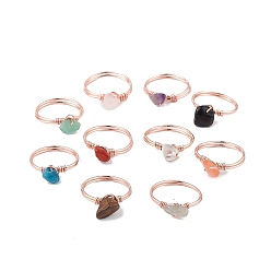 Mixed Stone Natural Mixed Gemstone Chips Finger Ring, Rose Gold Brass Wire Wrap Jewelry for Women, Inner Diameter: 18mm