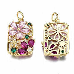 Pink Brass Micro Pave Cubic Zirconia Pendants, with Jump Rings, Nickel Free, Real 16K Gold Plated, Flower, Pink, 21.5x14x3mm, Jump Ring: 5x0.8mm, 3mm inner diameter