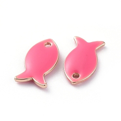 Hot Pink Brass Charms, with Enamel, Fish, Raw(Unplated), Hot Pink, 13.5x7.5x2mm, Hole: 1.2mm