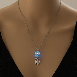 Deep Sky Blue Luminous Glow in the Dark Alloy Cage Pendant Necklace for Women, Web with Feather Shape, Deep Sky Blue, 15.75~23.62inch(40~60cm)