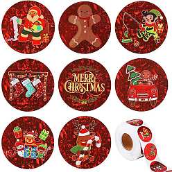 Dark Red Christmas PVC Plastic Roll Sticker Labels, Self-adhesion, for Suitcase, Skateboard, Refrigerator, Helmet, Mobile Phone Shell, Round, Christmas Themed Pattern, Dark Red, 38mm, 8 styles, 500pcs/roll
