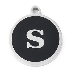 Letter S 201 подвески из нержавеющей стали, с черной эмалью, цвет нержавеющей стали, плоские круглые с буквы, Письмо с, 18.5x15.5x2 мм, отверстие : 1.6 мм