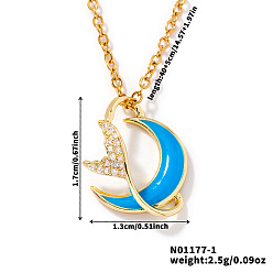 Небесно-голубой Блестящие латунные микропаве прозрачные кубические цирконии подвески ожерелья для женщин, с эмалью, луна и рыбий хвост, голубой, 15.75 дюйм (40 см)