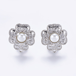 Platinum Alloy Stud Earring Findings, with Loop and Acrylic Pearls, Flower, Platinum, 22x19.5mm, Hole: 1mm, Pin: 0.7mm