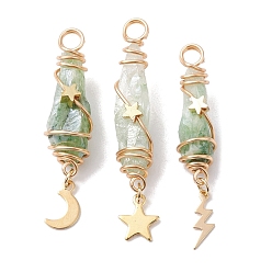 Dark Sea Green 3Pcs 3 Styles Electroplated Natural Quartz Crystal Copper Wire Wrapped Pendants, TearDrop Charms with Golden Tone Alloy Moon & Star & Sun & Lightning Bolt, Dark Sea Green, 44.5~48.5x8~10.5x6.5~13mm, Hole: 4mm, about 1pc/style