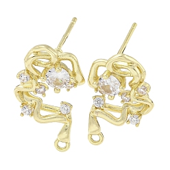 Real 14K Gold Plated Brass Cubic Zirconia Stud Earring Findings, Vines, Real 14K Gold Plated, 22x13mm, Hole: 1.2mm, Pin: 12.5mm