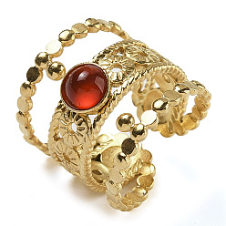 Красный Агат Природные сердолик кольца палец, 304 Многослойные открытые манжетные кольца из нержавеющей стали с ионным покрытием (IP), реальный 18 k позолоченный, 19.5 мм, регулируемый