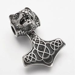 Antique Silver 304 Stainless Steel Pendants, Thor's Hammer with Tiger, Antique Silver, 43x30x19.5mm, Hole: 6mm