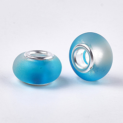 Deep Sky Blue Resin European Beads, Large Hole Beads, with Silver Color Plated Brass Cores, Rubberized Style, Rondelle, Deep Sky Blue, 14x8mm, Hole: 5mm