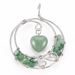 Green Aventurine Natural Green Aventurine Big Pendants, Wire Wrapped Pendants, with Platinum Brass Wires, Flat Round with Heart, 63.5x49~50x9.5mm, Hole: 4mm
