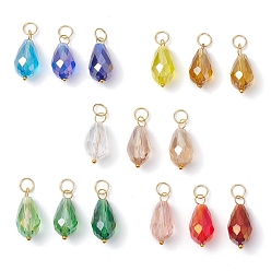 Золотой 15 шт. Подвески из гальванического стекла, с кольцами из нержавеющей стали, граненые, слеза, золотые, 19.5~21.5x9.8 мм, отверстие : 4.6 мм