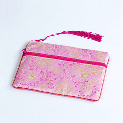 Rose Nacré Pochettes d'emballage de bijoux en satin à motif de fleurs de style chinois, sacs cadeaux avec fermeture éclair et breloque pompon, rectangle, perle rose, 11x17.5 cm