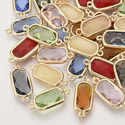 Mixed Color Faceted Glass Links connectors, with Golden Tone Brass Open Back Settings, Rectangle, Mixed Color, 19x8.5x3.5mm, Hole: 1mm