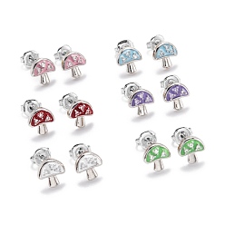 Mixed Color Brass Micro Pave Clear Cubic Zirconia Stud Earrings, with Enamel and Ear Nuts, Mushroom, Platinum, Mixed Color, 9x8.5x3mm, Pin: 1mm