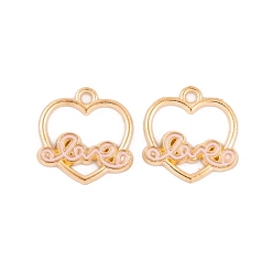Pink Подвески из эмалевого сплава с покрытием из легкого золота, без кадмия и без свинца, сердце со словом любовь прелести, розовые, 16x15.5x1.5 мм, отверстие : 2 мм