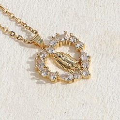 XL2194-2 Heart Madonna Love Pearl Zircon Stainless Steel Necklace with 14K Gold Plated Pendant - Luxurious and Elegant Design