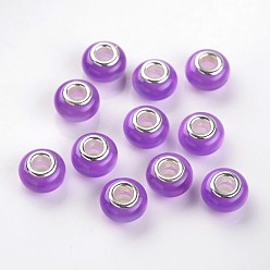 Blue Violet Large Hole Rondelle Resin European Beads, with Silver Color Plated Brass Cores, Imitation Cat Eye, Blue Violet, 13.5~14x9mm, Hole: 5mm