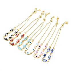 Mixed Color Clear Cubic Zirconia & Enamel Horse Eye Links Slider Bracelet, Gold Plated Brass Jewelry for Women, Lead Free & Cadmium Free, Mixed Color, 11 inch(28cm)