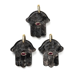 Larvikite Natural Larvikite Carved Pendants, Religion Hamsa Hand Charms, with Brass Pave Cubic Zirconia Findings, Golden, 36.5~39x33~35x8~9mm, Hole: 6.5x8mm