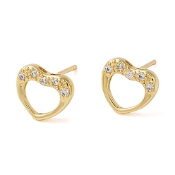Real 18K Gold Plated Rack Plating Brass Hollow Heart Stud Earrings, with Cubic Zirconia, Lead Free & Cadmium Free, Real 18K Gold Plated, 9x10.5mm