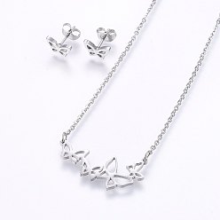 Stainless Steel Color 304 Stainless Steel Jewelry Sets, Stud Earrings and Pendant Necklaces, Butterfly, Stainless Steel Color, Necklace: 18.9 inch(48cm), Stud Earrings: 6x9x1.2mm, Pin: 0.8mm