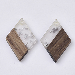 Silver Transparent Resin & Walnut Wood Pendants, with Silver Foil, Waxed, Rhombus, Silver, 29x19.5x3.5mm, Hole: 2mm