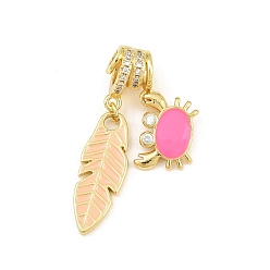 Pink Brass Micro Pave Clear Cubic Zirconia Pendants, with Enamel, Feather with Crab Charms, Rack Plating, Long-Lasting Plated, Lead Free & Cadmium Free, Real 18K Gold Plated, Pink, 36mm, Hole: 3mm