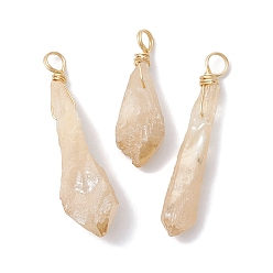 Wheat Electroplated Natural Quartz Crystal Dyed Pendants, Teardrop Charms with Golden Plated Copper Wire Loops, Wheat, 34~37x6~10.5x6~9.5mm, Hole: 3.5mm