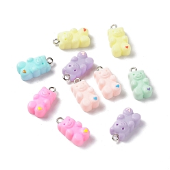 Mixed Color Opaque Resin Pendants, with Platinum Tone Iron Loops, Bear Charms with Heart, Mixed Color, 20x10x7.5mm, Hole: 2mm