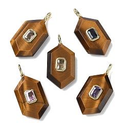 Тигровый глаз Граненые подвески из натурального тигрового глаза, шестиугольные подвески с латунными микропаве и фианитами кубического циркония случайного цвета, золотые, 32x15.5x7 мм, отверстие : 4x2 мм