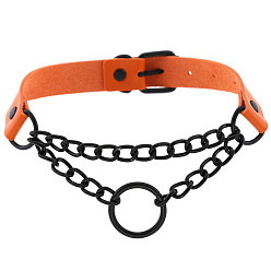 (Black circle) orange Dark Punk Leather Collar Necklace with Round Rings and Chain for Street Style