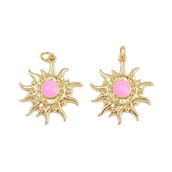 Pink Латунь эмаль подвески, солнечные чары, с прыжковых колец, стойки покрытие, реальный 18 k позолоченный, без свинца и без кадмия, долговечный, розовые, 23x20x3.5 мм, отверстие : 3.4 мм