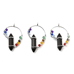 Obsidian Natural Obsidian Double Terminal Pointed Big Pendants, Chakra Faceted Bullet Charms with Rack Plating Platinum Tone Brass Findings, 49~53x30~34x11mm, Hole: 4mm