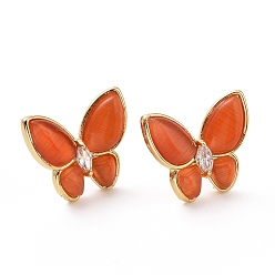 Orange Red Cat Eye Butterfly Stud Earrings with Clear Cubic Zirconia, Real 18K Gold Plated Brass Jewelry for Women, Cadmium Free & Lead Free, Orange Red, 15x17.5mm, Pin: 0.7mm
