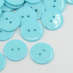 Cyan Acrylic Sewing Buttons, Plastic Buttons for Costume Design, 2-Hole, Dyed, Flat Round, Cyan, 15x2mm, Hole: 1mm