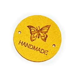 Gold Microfiber Leather Label Tags, Handmade Embossed Tag, with Holes, for DIY Jeans, Bags, Shoes, Hat Accessories, Flat Round with Butterfly, Gold, 25mm