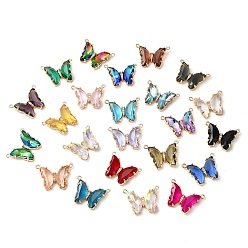 Mixed Color Brass Pave Faceted Glass Connector Charms, Golden Tone Butterfly Links, Mixed Color, 17.5x23x5mm, Hole: 0.9mm