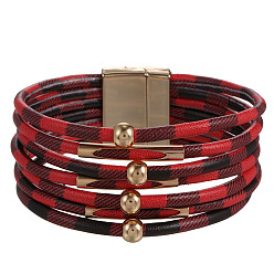 black and red grid Leopard Print Magnetic Clasp Leather Bracelet - Beaded Leather Cord Bracelet, Copper Tube Bangle, Jewelry.