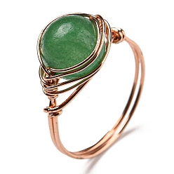 Green Aventurine Natural Green Aventurine Round Finger Ring, Rack Plating Rose Gold Brass Wire Wrap Ring, Inner Diameter: 20mm