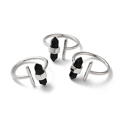 Black Agate Natural Black Agate Bullet Open Cuff Rings, Platinum Brass Finger Ring, Cadmium Free & Lead Free, US Size 8 1/2(18.5mm)