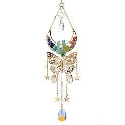 Golden Butterfly & Moon Brass & 304 Stainless Steel Hanging Suncatchers, with Glass Pendants and Mixed Gemstone Chip Beads, Golden, 300mm, Hole: 8mm
